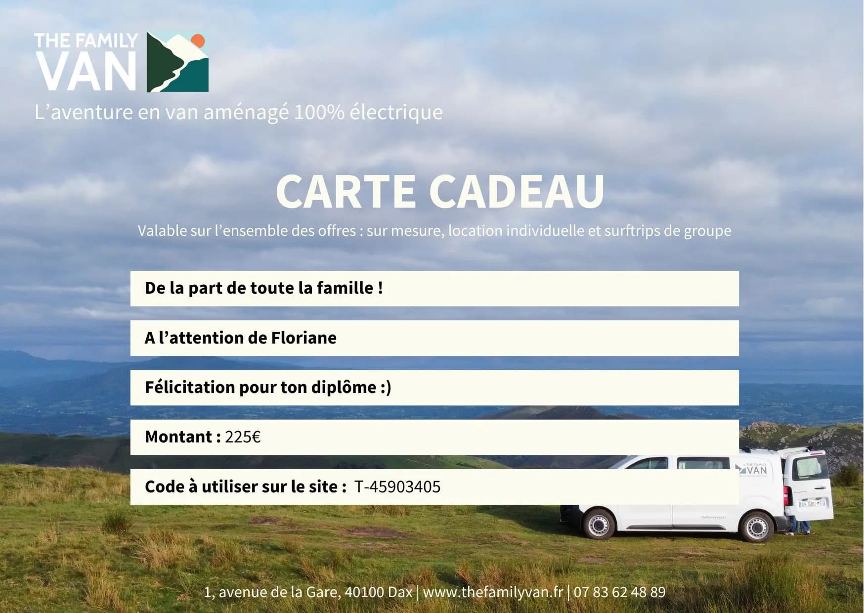 Carte cadeau The Family Van valable sur toutes les offres, avec montant et code à utiliser