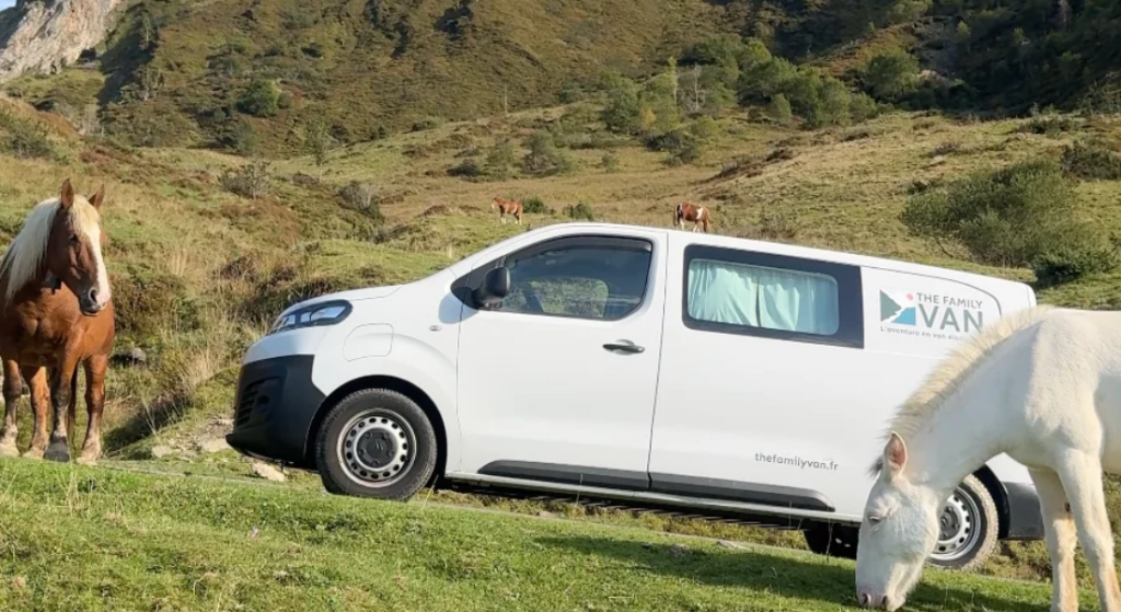 des chevaux devant un van aménagé électrique dans les pyrénées